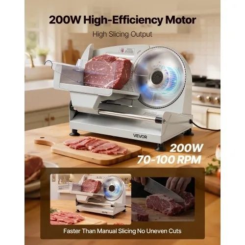 Meat Slicer, Electric Deli Slicer with 190mm SUS420 Blade & 0-15mm Adjustable Thickness, 200W Home Food-Slicer for Frozen Meat, Ham, Baguett, Steak