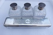 Victorian Sterling Silver Birmingham, Chester Hallmarked Antique Silver Lidded Cut Glass Dressing Table Set of Scent Bottles and Trinket Box