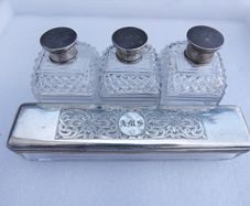 Victorian Sterling Silver Birmingham, Chester Hallmarked Antique Silver Lidded Cut Glass Dressing Table Set of Scent Bottles and Trinket Boxes