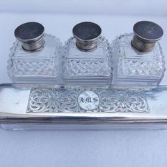 Victorian Sterling Silver Birmingham, Chester Hallmarked Antique Silver Lidded Cut Glass Dressing Table Set of Scent Bottles and Trinket Boxes