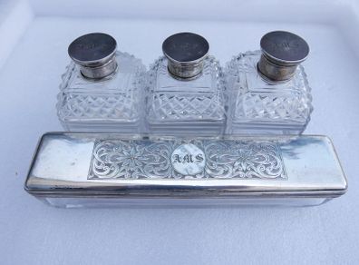 Victorian Sterling Silver Birmingham, Chester Hallmarked Antique Silver Lidded Cut Glass Dressing Table Set of Scent Bottles and Trinket Box