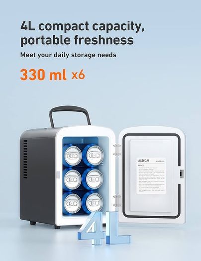 NEW SALE | Mini Fridge 4 Litre, 6 Can Portable AC+DC Power Cooler & Warmer, for Bedrooms, Cars, Offices; Skincare, Makeup, Cosmetics, Food