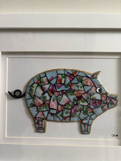 Handmade Framed Pig Pique Assiette Mosaic