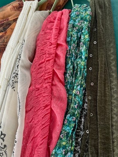 Hanger Organiser multi use - Scarf, Belt, Jewellery- Soft Green Brand New With 6 Scarves / shawls In Mint Condition.  (6)