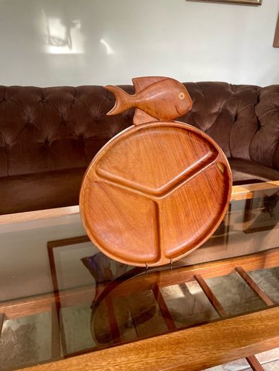 Vintage Teak Mid Century Divided Serving Platter Carved Handle Retro Stylised Fish