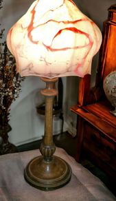 Antique hand carved wooden lamp with rare pink mottled glass shade