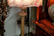 Antique hand carved wooden lamp with rare pink mottled glass shade