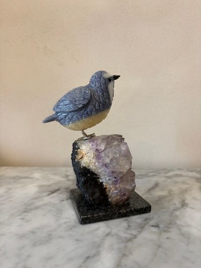 Hand-Carved Blue Tit on Raw Amethyst Cluster Base