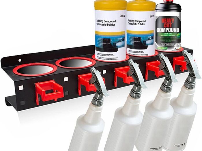 Wall Mounted Spray Bottle Holder, 5 Holes & 9 Hooks, Steel Rack  Holds 12kg, Fits 83mm Bottles, Rust Resistant Steel