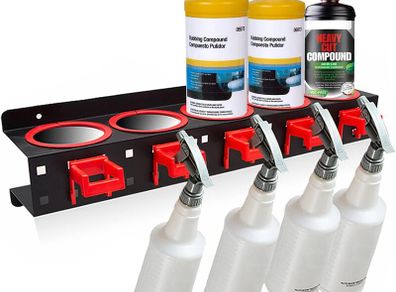 Wall Mounted Spray Bottle Holder, 5 Holes & 9 Hooks, Steel Rack  Holds 12kg, Fits 83mm Bottles, Rust Resistant Steel