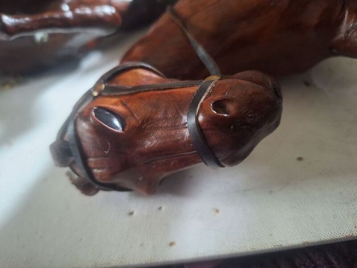 Vintage 1950s/60s Carved Wood wrapped in leather horses