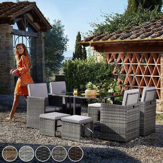 _Poly Rattan Cube Set Including Protective Cover and Stainless Steel Screws 4 Chairs 1 Table 4 Stools Various Colours