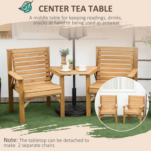 Wooden Garden Love Seat  with Coffee Table and Parasol Hole