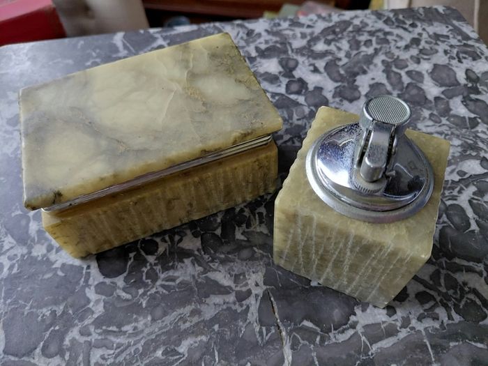 Antique Italian alabaster smoking set cigarette box and lighter