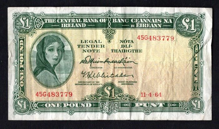 1964 Ireland IR1 Lady Lavery Banknote Series A. Note issued 11/04/64 Serial number 45G483779