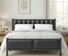 Double Bed Frame with Upholstered Headboard, 4ft6 Metal Beds with Heavy Duty Steel Slats Support Platform, Black Double Bed with Storage