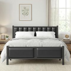 Double Bed Frame with Upholstered Headboard, 4ft6 Metal Beds with Heavy Duty Steel Slats Support Platform, Black Double Bed with Storage
