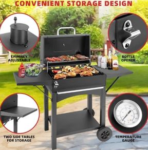 BBQ Barbecue Grill Outdoor Compact Smoker Barbeque Charcoal BBQ Grill Smoker with Side Shelves Temperature Gauge, Warming Rack, and Air Vents for Camping and Garden