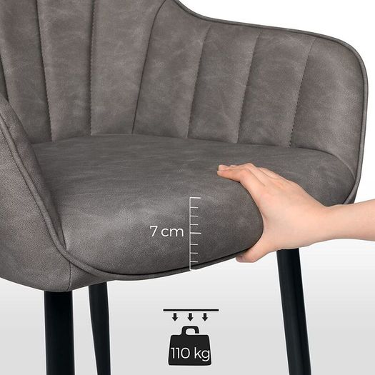 Set of 2 Grey Dining Chairs with Armrests Quilted PU Upholstered Kitchen & Dining Room Chairs