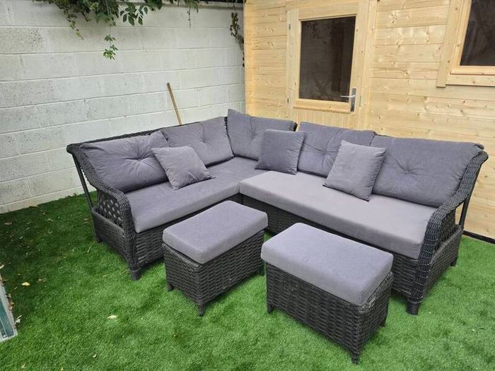 Rattan garden corner sofa with rattan gas firepit table