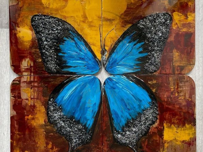 Art raising on the glass , hand made, "Baterfly", size 60x 60cm.