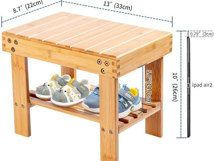 Bamboo Small Stool for Kids or Adults Foot Rest Shaving Step Stool with Storage Shelf Stable Anti Slip Wooden Bath Stool for Home Bathroom Bedside Nursery School