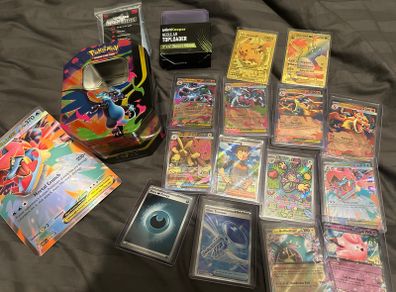 Pokemon Card Bundle EX/GX + Sleeves + Charizard Tin