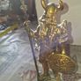 Large Vintage Toy Large Viking Warrior Statue, with a Horned Helmet, a round Shield, and a Spear Image 2