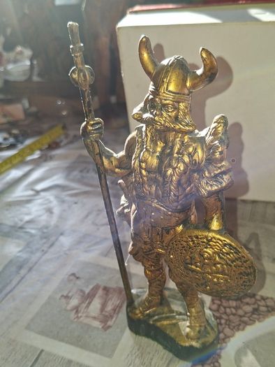 Large Vintage Toy Large Viking Warrior Statue, with a Horned Helmet, a round Shield, and a Spear