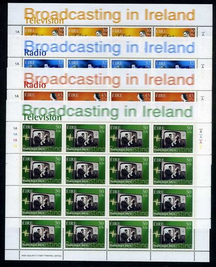 2001 Ireland Broadcasting in Ireland (celebrating television & radio) Commemorative Stamps Sheetlet Plate 1A1A1A1A Mint Never Hinged (MNH)