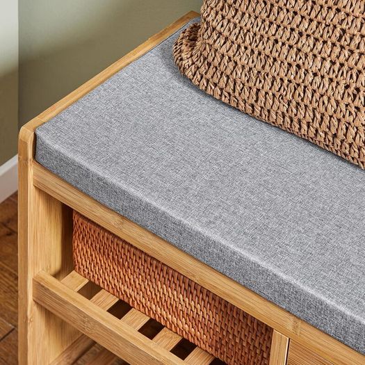 Bamboo Shoe Storage Bench with Cushion Seat Drawer and Shelves Entryway Bench