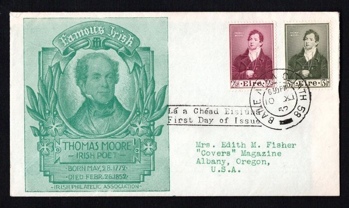 1952 Ireland Centenary of the Death of Thomas Moore (Poet & Musician) Commemorative Stamps Illustrated Addressed First Day Cover (FDC) with Baile Atha Cliath (Dublin)