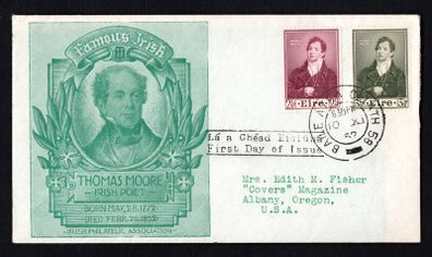1952 Ireland Centenary of the Death of Thomas Moore (Poet & Musician) Commemorative Stamps Illustrated Addressed First Day Cover (FDC) with Baile Atha Cliath (Dublin)