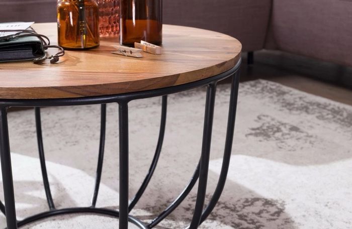Rustic Solid Wood Coffee Table with Metal Base 60cm Round