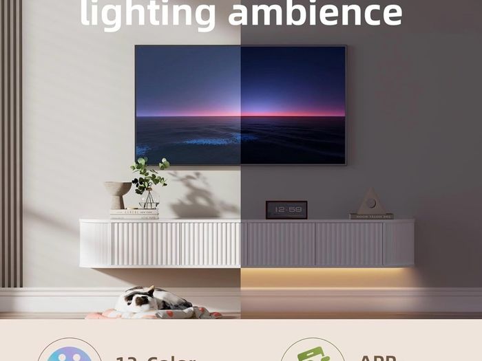 Floating TV Stand Unit with RGB LED Light - 140CM Wall Mounted TV Cabinet with Upgraded Storage & Rounded Edges, Modern TV Media Console for 43-55 Inch TVs