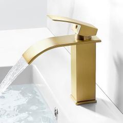 Basin Tap Mixers Brushed Brass Bathroom Sink Tap Waterfall Gold Cloakroom Faucet, Monoblock Washroom