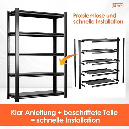 Heavy Duty Metal Shelf 183x90x40 cm with 5 Adjustable Metal Shelf | Garage Shelving Units | Racking for Garage | Storage Shelf for Cellars & Workshops | Load capacity up to 1000 kg | Black