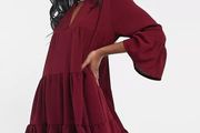 Boohoo exclusive tiered smock knee length dress with long sleeve in burgundy size UK14 EU42 Perfect condition Postage included