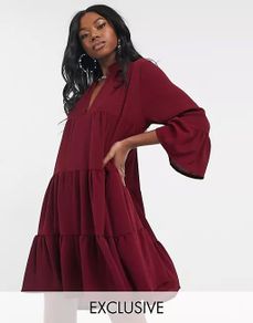 Boohoo exclusive tiered smock knee length dress with long sleeve in burgundy size UK14 EU42 Perfect condition Postage included