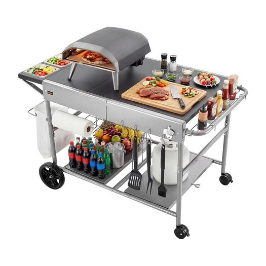 Outdoor Grill Cart Grilling Table Movable Outdoor Cooking Table with 4 Spice Containers, Wheels, Lids, Hooks