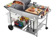 Outdoor Grill Cart Grilling Table Movable Outdoor Cooking Table with 4 Spice Containers, Wheels, Lids, Hooks