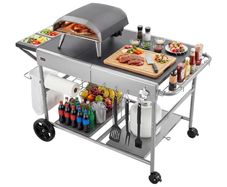 Outdoor Grill Cart Grilling Table Movable Outdoor Cooking Table with 4 Spice Containers, Wheels, Lids, Hooks