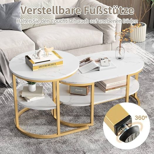 Set of 2 Elegant Coffee Tables with Practical Storage, Marble Design and Metal Frame, White and Gold Living Room Tables Gold