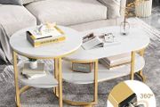 Set of 2 Elegant Coffee Tables with Practical Storage, Marble Design and Metal Frame, White and Gold Living Room Tables Gold