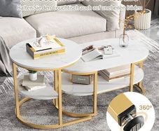 Set of 2 Elegant Coffee Tables with Practical Storage, Marble Design and Metal Frame, White and Gold Living Room Tables Gold