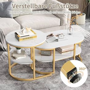Set of 2 Elegant Coffee Tables with Practical Storage, Marble Design and Metal Frame, White and Gold Living Room Tables Gold