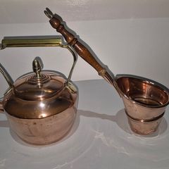 Beautiful Vintage Copper Kettle & Antique Handmade Dovetailed Ladle Set