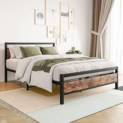 Double Bed Frames with Wood Headboard,Heavy Duty Metal Platform Bed Frame Double Bed No Box Spring Needed,Mattress Base/Under Bed Storage/Sturdy Steel Slat Support