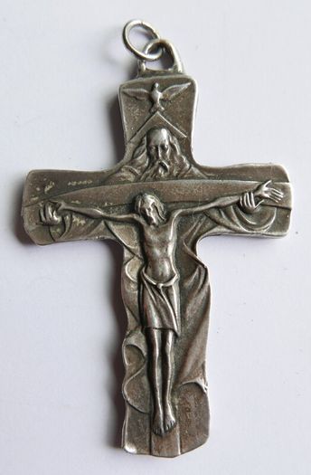 Vintage Holy Trinity Crucifix in silvered brass 14 x 9 cm