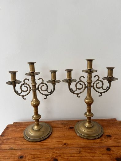 Vintage Pair of Brass 3-arm Candelabras